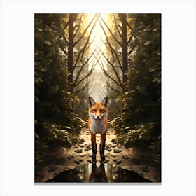 Fox Walking Through A Forest Realism Illustration 3 Canvas Print