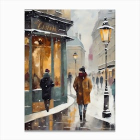 Paris cafes, winter season, Christmas, autumn oil colors, pale colors, pedestrians in the street, winter clothes, falling snow.Christmas decorations.3 Canvas Print