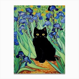 Irises Vang Gogh Painting With Black Cat Canvas Print