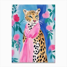 Leopard In Pink Scarf Watercolor Painting Canvas Print