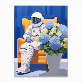 Astronaut Surrounded By Royal Blue Hydrangea Flower 2 Canvas Print