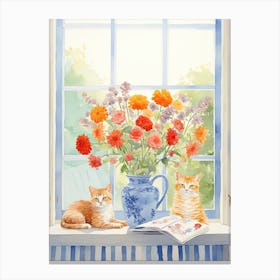 Cat With Marigold Flowers Watercolor Mothers Day Valentines 1 Canvas Print