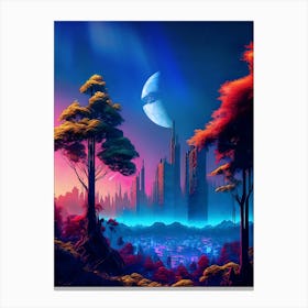 Neon cyberpunk city in a forest — surreal space collage art, cosmic futuristic sci-fi collage Canvas Print