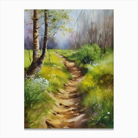 Path In The Woods.Canada's forests. Dirt path. Spring flowers. Forest trees. Artwork. Oil on canvas.15 Canvas Print