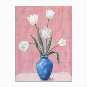 White Tulips In Blue Vase Canvas Print