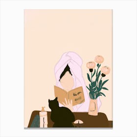 Black Cat And Girl Reading Books At Home Canvas Print