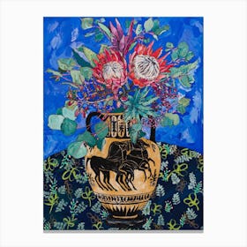 Protea Bouquet On Ultramarine Blue With Greek Horse Urn Canvas Print