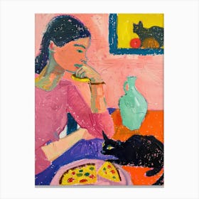 Portrait Of A Girl With Cats Eating Pizzas 1 Canvas Print