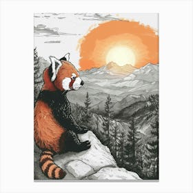 Red Panda Looking At A Sunset From A Mountaintop Ink Illustration 2 Canvas Print