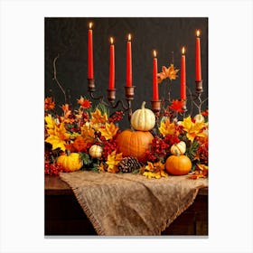 Autumn Harvest Table Centerpiece Overflowing With Gourds And Pumpkins Surrounded By Red And Gold C (5) Canvas Print