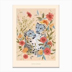 Folksy Floral Animal Drawing Snow Leopard 2 Poster Canvas Print