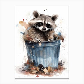 A Raccoon In A Trash Can Watercolour Illustration 3 Canvas Print