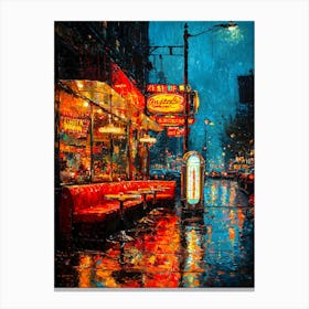 Rainy Night At A 1950s Diner With Neon Signs – Retro Americana Art Print Canvas Print