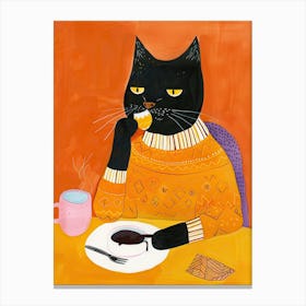 Black And Orange Cat Having Breakfast Folk Illustration 1 Canvas Print