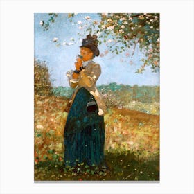 Woman Smelling Flowers Vintage 19th Century Oil Painting Canvas Print