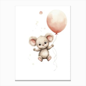 Baby Koala Flying With Ballons, Watercolour Nursery Art 2 Canvas Print