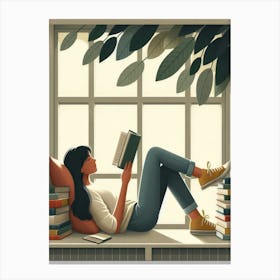 Girl Reading Books On Window Sill Canvas Print