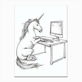 Unicorn On A Computer Black And White Doodle Canvas Print