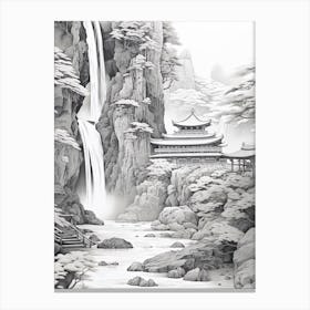 Nachi Falls In Wakayama, Ukiyo E Black And White Line Art Drawing 3 Canvas Print