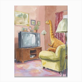 Dinosaur In The Living Room With A Tv 3 Canvas Print