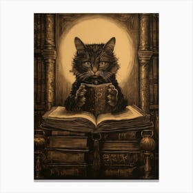 A Cat Reading A Book In An Ancient Library Sepia Etching Canvas Print