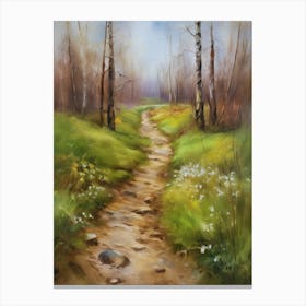 Path In The Woods.Canada's forests. Dirt path. Spring flowers. Forest trees. Artwork. Oil on canvas.11 Canvas Print