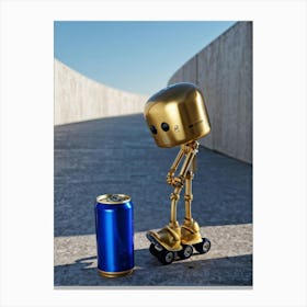 Blue Eyed Robot Line Roller Skates Strapped To Its Chassis Camouflaged As A Sweaty Metallic Gold Canvas Print