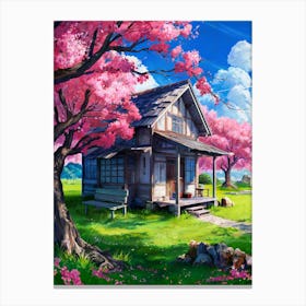 Lofi Anime Art: Rustic house under vibrant cherry blossoms, with a sunny countryside backdrop. Perfect for peaceful and nostalgic vibes. Toile