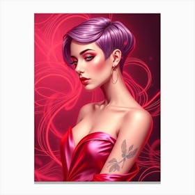 Short Hair Beauty in Soft Red and Pink Illustration Lienzo