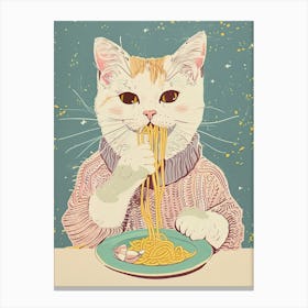 White And Tan Cat Pasta Lover Folk Illustration 1 Canvas Print