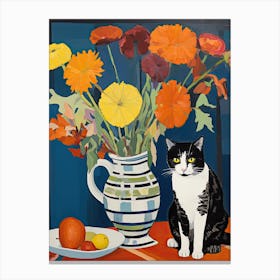 Marigold Flower Vase And A Cat, A Painting In The Style Of Matisse 3 Canvas Print