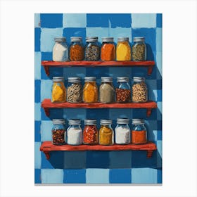 Spices On Shelves Blue Checkerboard Canvas Print