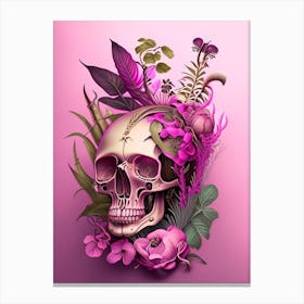 Skull With Steampunk Details 2 Pink Botanical Canvas Print