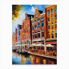 The city of Amsterdam, Netherlands, streets, cafes, passing by, the beauty of summer, oil colors.. Canvas Print