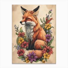 Amazing Red Fox With Flowers 17 Canvas Print