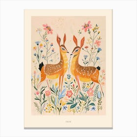 Folksy Floral Animal Drawing Deer 6 Poster Canvas Print