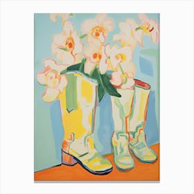 Painting Of White Flowers And Cowboy Boots, Oil Style 3 Canvas Print