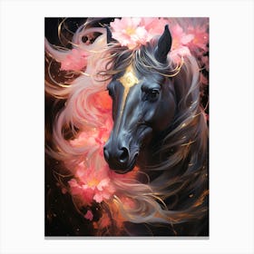 Black Horse With Flowers 1 Canvas Print
