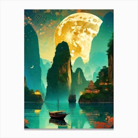 Ha Long Bay - Vietnam Trippy Abstract Cityscape Iconic Wall Decor Visionary Psychedelic Fractals Fantasy Art Cool Full Moon Third Eye Space Sci-fi Awesome Futuristic Ancient Paintings For Your Home Gift For Him Meditation Room Canvas Print