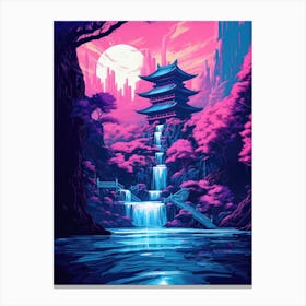 Neon Asian Pagoda Landscape Waterfall Painting Canvas Print