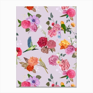 Roses Birds Lilac Canvas Print