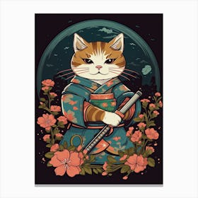 Cute Samurai Cat In The Style Of William Morris 1 Canvas Print