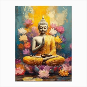 Clam Buddha Surrounded By Colorful Lotus Flower Canvas Print