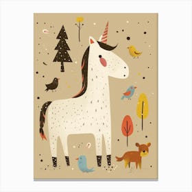 Unicorn In The Meadow With Abstract Woodland Animal Friends Muted Pastel 2 Canvas Print