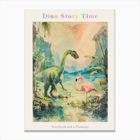 Storybook Painting Of A Dinosaur With A Flamingo Poster Canvas Print