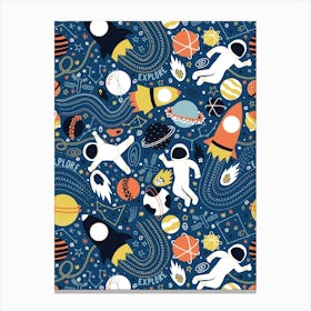 Explore Outer Space - Navy, Blue, Yellow and Orange Universe Kids Canvas Print