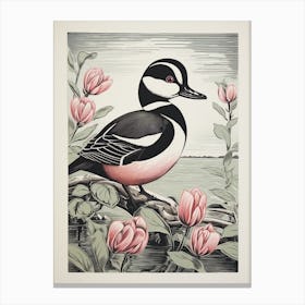 Vintage Bird Linocut Bufflehead 2 Canvas Print