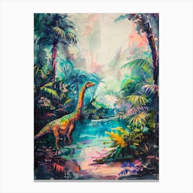 Dinosaur By The River Landscape Painting 3 Canvas Print