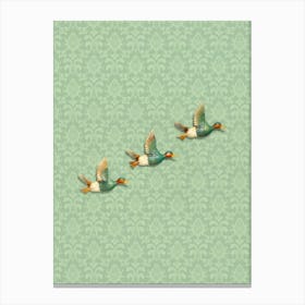 3 Ducks On A Wall With Green Baroque Wallpaper Canvas Print