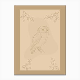 Owl Bird Sketch on a Branch in a Tree with Leaves in Nature with Beige Neutral Background Canvas Print